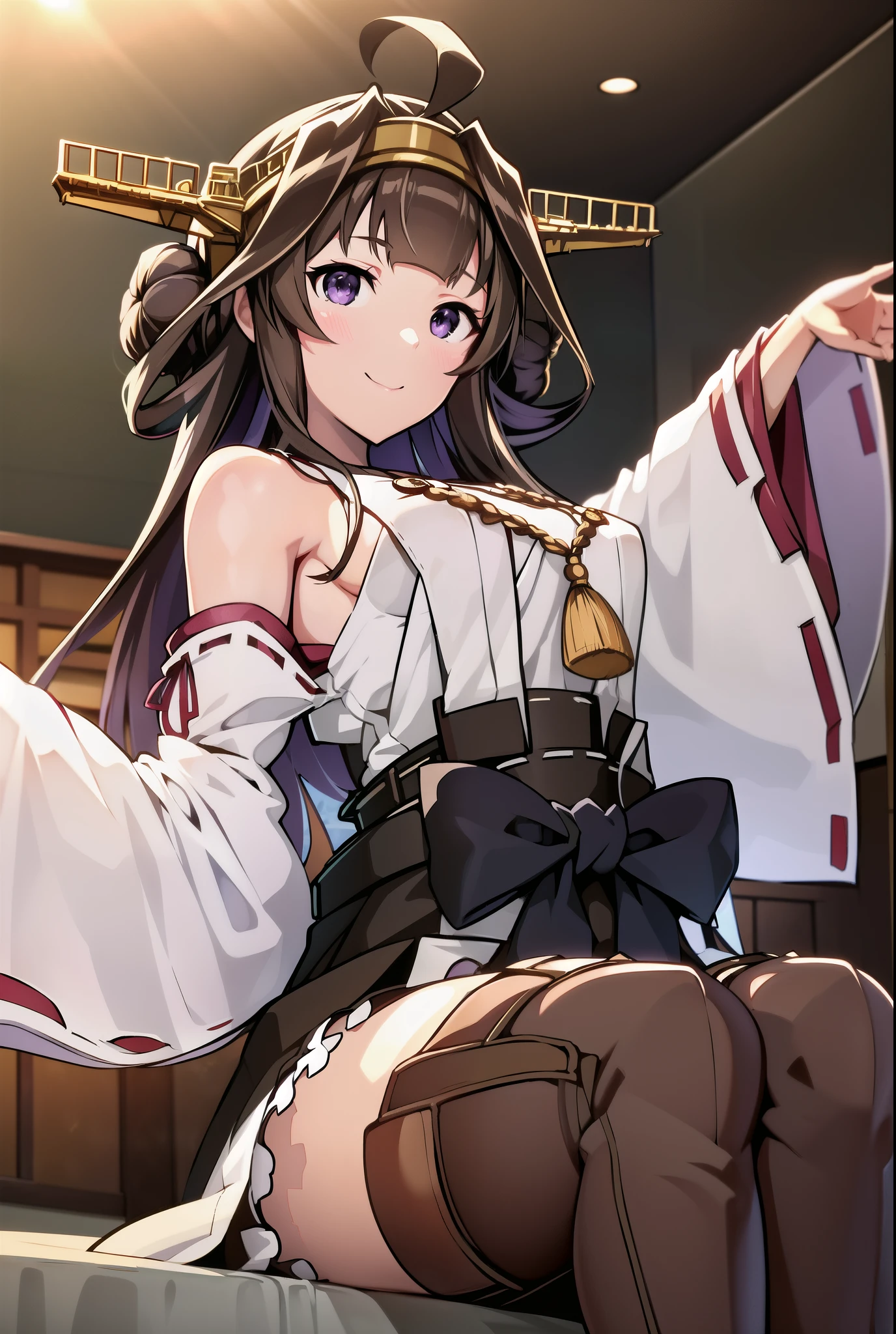 Ship Kongo, kongou, Ahoge, Brown Hair, Double good, Hair Bun, hair band, headgear, Long Hair, (Purple eyes:1.1), 
Breaking boots, Removable sleeves, kimono, Non-traditional Shrine Maiden, Ribbon trim, Sleeves edged with ribbon, Thigh-high boots, Wide sleeves,
壊す looking at viewer, smile, Blushing Living Room, Destroy the office room (masterpiece:1.2), highest quality, High resolution, unity 8k wallpaper, (shape:0.8), (Beautiful details:1.6), Highly detailed face, Perfect lighting, Extremely detailed CG, (Perfect hands, Perfect Anatomy),