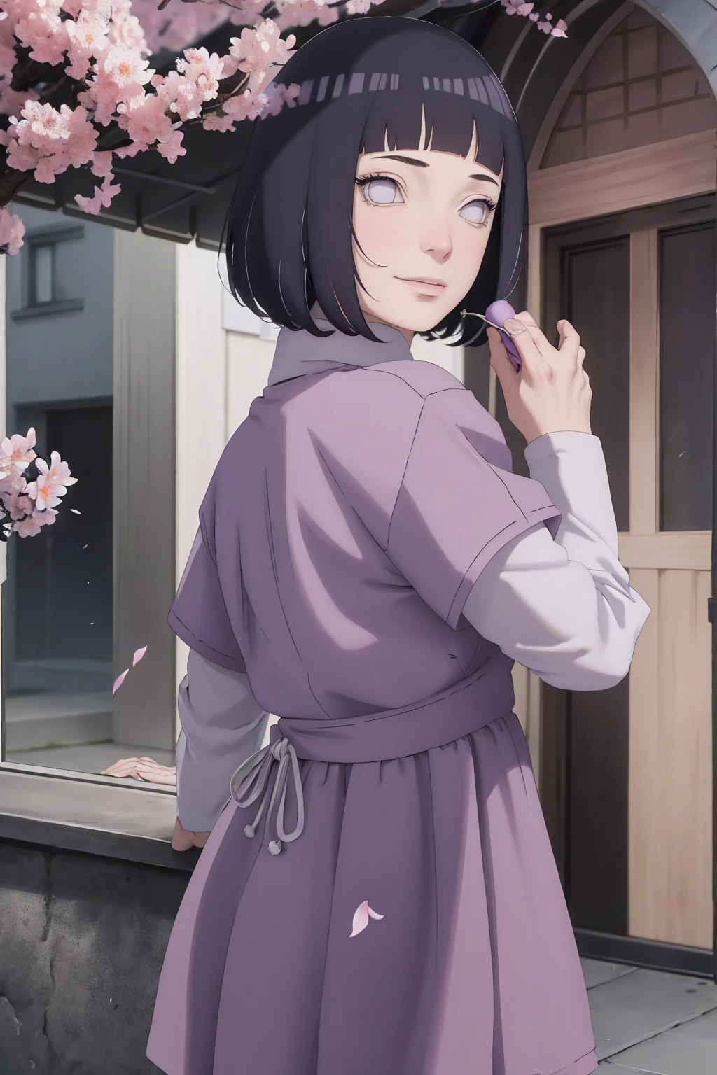 Meisterwerk, absurdres, Hinata\(Boruto\), 1girls, nur,reifes Weibchen, lila Kapuzenpullover,layered sleeves, braune Hose, al fresco,Lavendelblütenfeld, Blick auf den Betrachter, (falling petals), overcast sky, Perfekte Komposition, Detaillierte Lippen, large chest, Beautiful face, Body Propotion, flush, (rosa Lippen), Lange Haare, lila Augen, Sanfter Blick, sad smile, Super realistisch, Detailliert, Fotoshooting, Realistic face and body, Realistisches Haar, Realistische Augen, realistische Nase, Realistische Lippen, backwards, looking back, portrait