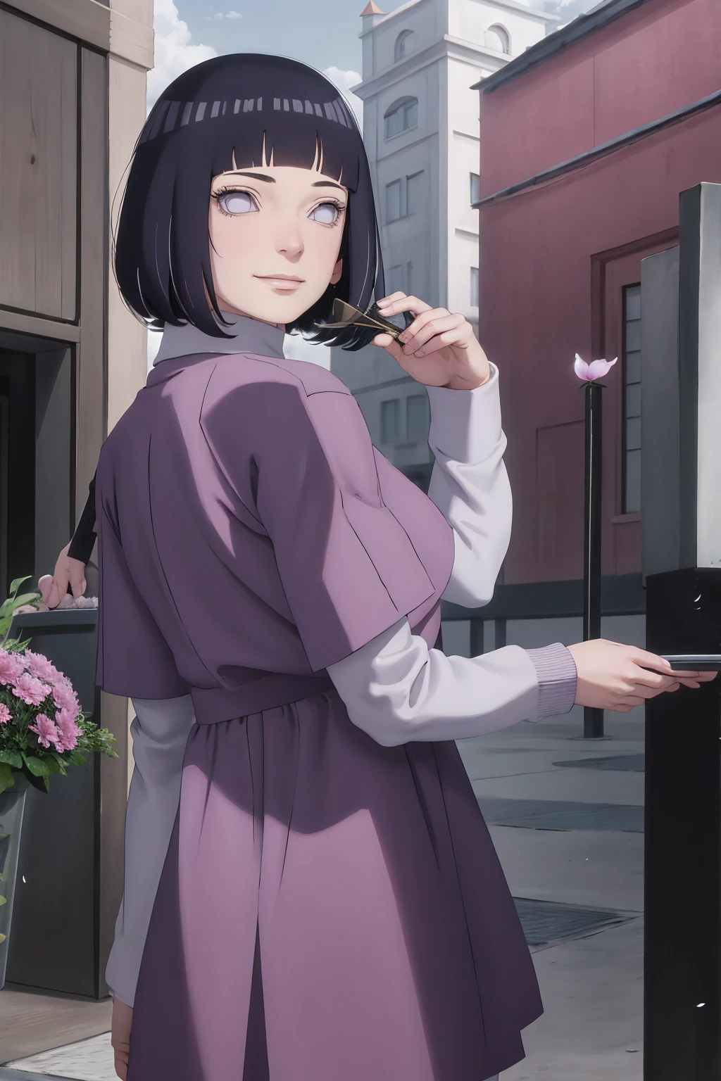 Meisterwerk, absurdres, Hinata\(Boruto\), 1girls, nur,reifes Weibchen, lila Kapuzenpullover,layered sleeves, braune Hose, al fresco,Lavendelblütenfeld, Blick auf den Betrachter, (falling petals), overcast sky, Perfekte Komposition, Detaillierte Lippen, large chest, Beautiful face, Body Propotion, flush, (rosa Lippen), Lange Haare, lila Augen, Sanfter Blick, sad smile, Super realistisch, Detailliert, Fotoshooting, Realistic face and body, Realistisches Haar, Realistische Augen, realistische Nase, Realistische Lippen, backwards, looking back, portrait