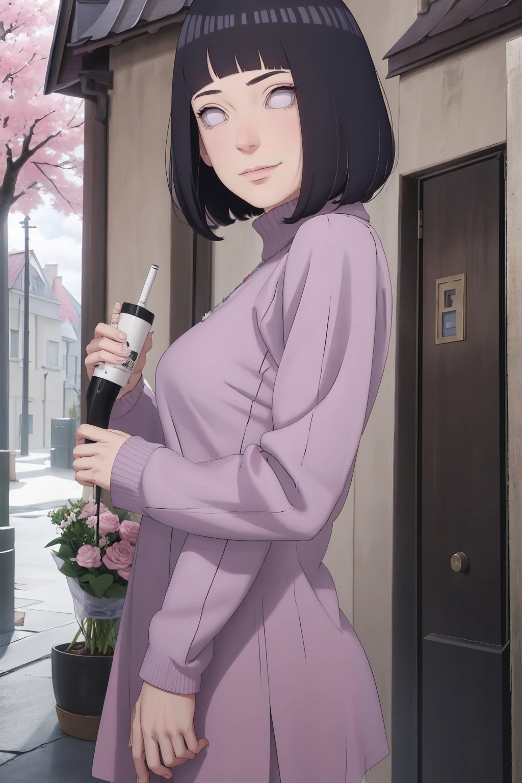 Meisterwerk, absurdres, Hinata\(Boruto\), 1girls, nur,reifes Weibchen, lila Kapuzenpullover,layered sleeves, braune Hose, al fresco,Lavendelblütenfeld, Blick auf den Betrachter, (falling petals), overcast sky, Perfekte Komposition, Detaillierte Lippen, large chest, Beautiful face, Body Propotion, flush, (rosa Lippen), Lange Haare, lila Augen, Sanfter Blick, sad smile, Super realistisch, Detailliert, Fotoshooting, Realistic face and body, Realistisches Haar, Realistische Augen, realistische Nase, Realistische Lippen, backwards, looking back, portrait