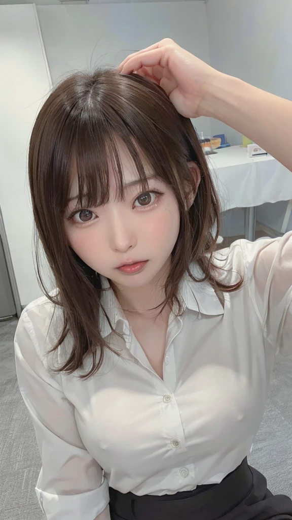 (8k, RAW Photo, Best Quality, Masterpiece: 1.3), ((highest quality)), ((masterpiece)), ((Perfect Face))、21 years old,、Brown Hair、orgasm、blushed、Sweaty all over、Ahegao、office lady、Business jacket、Business Skirt、Mouth wide open、Sticking out tongue、Close ~ eyes、Close ~ eyes立ち膝で下からカメラに顔を向ける、Camera angles from above、