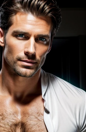 (best quality,highres),handsome 40 year old desirable caucasian man with distinguished features, athletic build, tall height, light brown medium length hair, clean cut fade haircut, intriguing green eyes, seductive smile with a gentle expression, wearing a black v-neck shirt, ,detailed depiction of facial features, perfectly symmetrical face,crisp details,ultra-fine rendering,studio lighting which masterfully accentuates his excellent features,