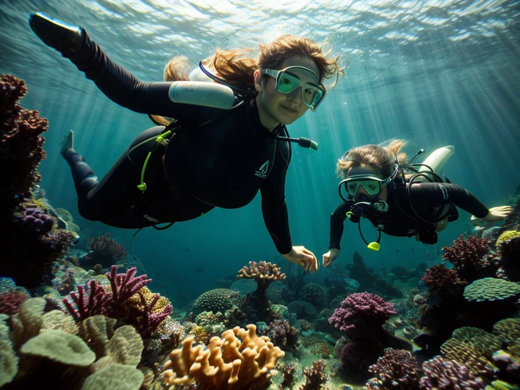best quality, ultra high res, (photorealistic:1.4), 4 Young Thai girls with blond hair and a bodybuilder physique, hair floats in water, underwater, (sports bra: 1), beautiful detailed, surrounded with sharks, wearing scuba gear