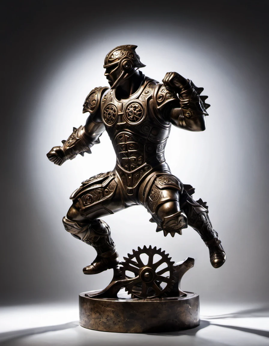 Bronze Sculpture Artwork，Showing a gear&#39;s fighting posture，Extreme details，Light and shadow effects，Blank Background，Top spotlight