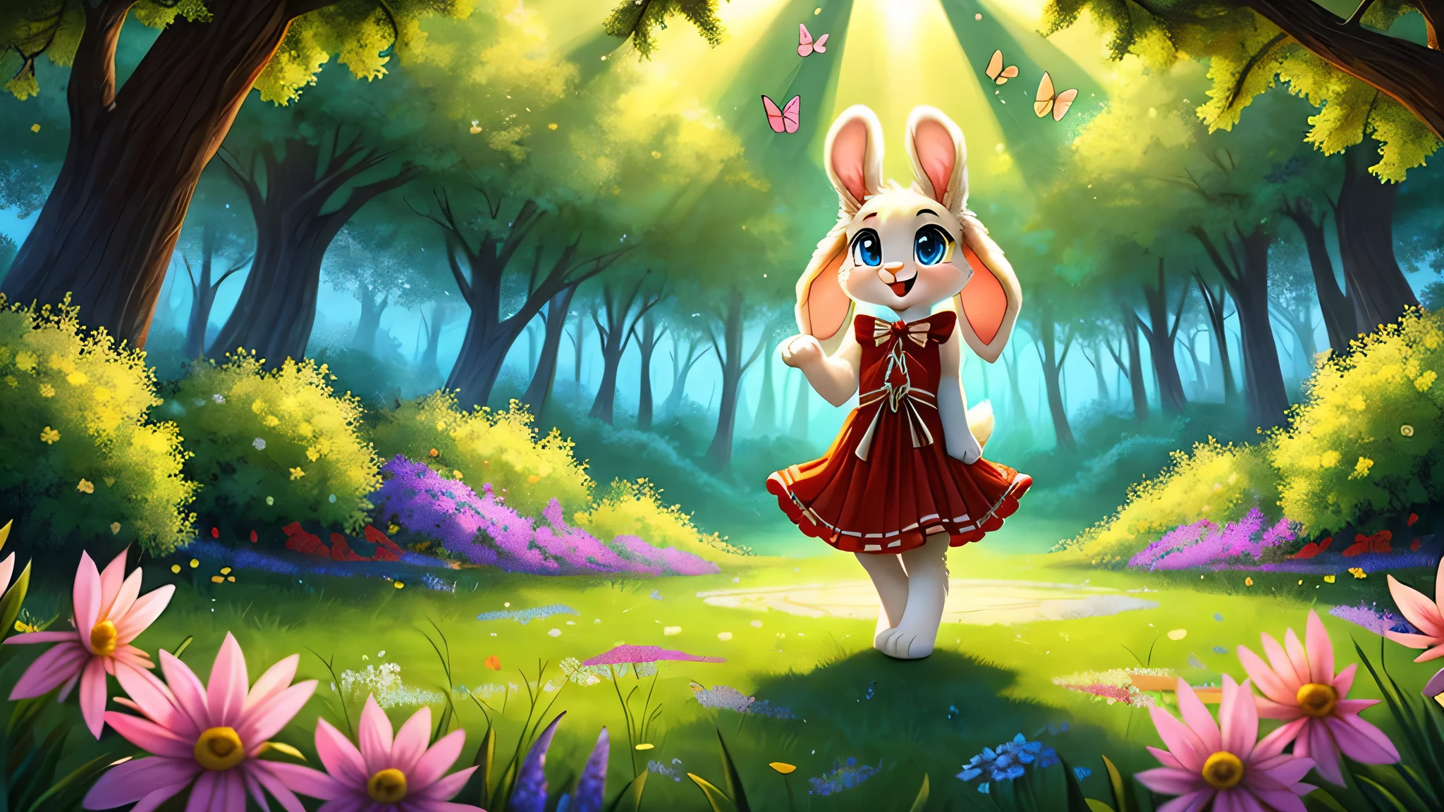 zoomed out image, ((solo character)), cute style art, fantasy style art, cute, adorable, short character, small, tiny little fluffy female white bunny with blue eyes, 4 ears, 2 extra ears, big floppy ears, long ears, ears perked up, raised ears, long eyelashes, poofy rabbit tail, wearing a red frilly ribbon dress, smiling, standing in a thick green forest, realistic forest, soft tones, big expressive smile, open mouth, wide eyes, excited eyes, excited face, looking at the scenery, looking at the trees in wonder, exploring happily, stunning visuals, sunlight coming through the trees, flowers scattered in the bushes, butterflies in the air, high quality digital illustration