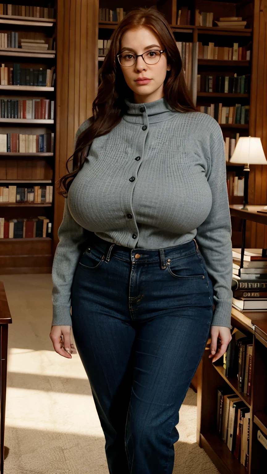 soft lighting, (Wendy Fiore:Christina Hendricks:0.5) aged 18, melancholy, lost in thought, librarian, auburn hair, (extremely tall:1.4), long pants, plain turtleneck, (long open knit cardigan), (big huge massive gigantic enormous colossal breasts:1.4), bookshelves, library, (extremely long curled hair:1.2), long shot, wide angle, huge geeky glasses, very long legs, symmetric breasts, full body view