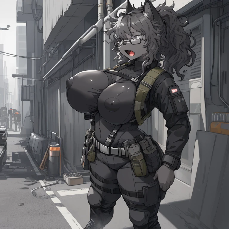 top quality, best quality, High-quality illustrations, masterpiece, super high resolution, detailed background, detailed background, detailed eyes, Happy, joyful, absurdres(highly detailed beautiful face and eyes)perfect anatomy(kemono, furry anthro), (((character is grayscale))), streamlined integrated pumps built into top, smaller waist, full squishy thighs, full wide hips, round full butt, smaller torso, more narrow torso, smaller stature and height (((Tight tactical bodysleeve under clothing))), (((wearing tight fitted shirt))), (((dark grey fur))), (((dark body))), (((no nudity))), solo, female, kemono, hair, fullbody view, (((detailed eyes))), silver reflective colored iris, city, golden hour, plants, (((by bebebebebe))), by buta99, by pgm300, by kishibe, by suurin 2, by sindoll, by secretly saucy, by ANUKI_ex, (((dark grey hair))), (((wavy hair))), (((dark grey fur))), (((no fur pattern))), (((all dark grey body))), (((dark grey body))), feline, cat, glasses, scifi cyberpunk techwear cargo pants with utility straps, tight bra with thin straps and underbust support that struggle to hold breasts that squish and barely fit with excess breast squishing out from cleavage and sides worn under jacket, bra zips in the middle, bra straps connecting to harness for support, techwear crop jacket with triangle decals, scifi devices and tactical gear, tech harness, utility focused clothing, scifi tactical cylinder canister attached horizontally to her belt behind her with subtle tubes leading out from each side through her clothing and up to her breasts, (((dark grey eyes))), open mouth, facing camera, (((messy hair))), short hair, messy ponytail, with dark grey colored fur, full body covered in black fur, freckles on her thighs back and arms, no fluids, (((zzzz-cup size breasts))), (((very large swollen breasts that have difficulty fitting in clothing))), nipple silhouette from clothing, inverted nipples, puffy nipple