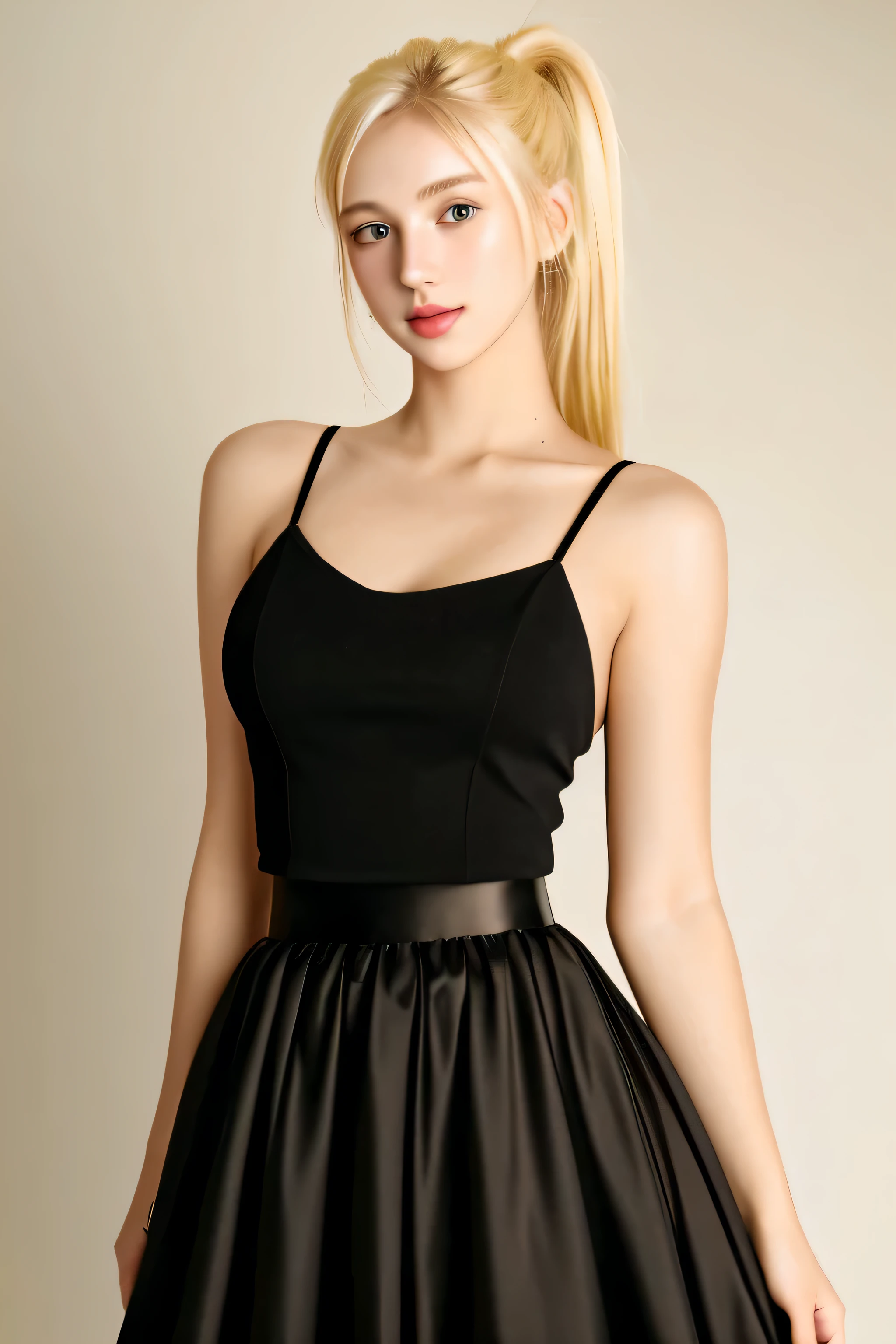 Color photos, Mid-shot, Black skirt, prospect, ((Real photo of a beautiful blonde 23 year old girl)), (Cyberspace_Girly_v3:0.99), certainly, ((Glowing skin)), Looking at the audience, (Body Shaping: 1.0), High Ponytail, Detailed description , masterpiece, high quality, realistic face, Very detailed, full-body shot, Red Dress,very naturally lit