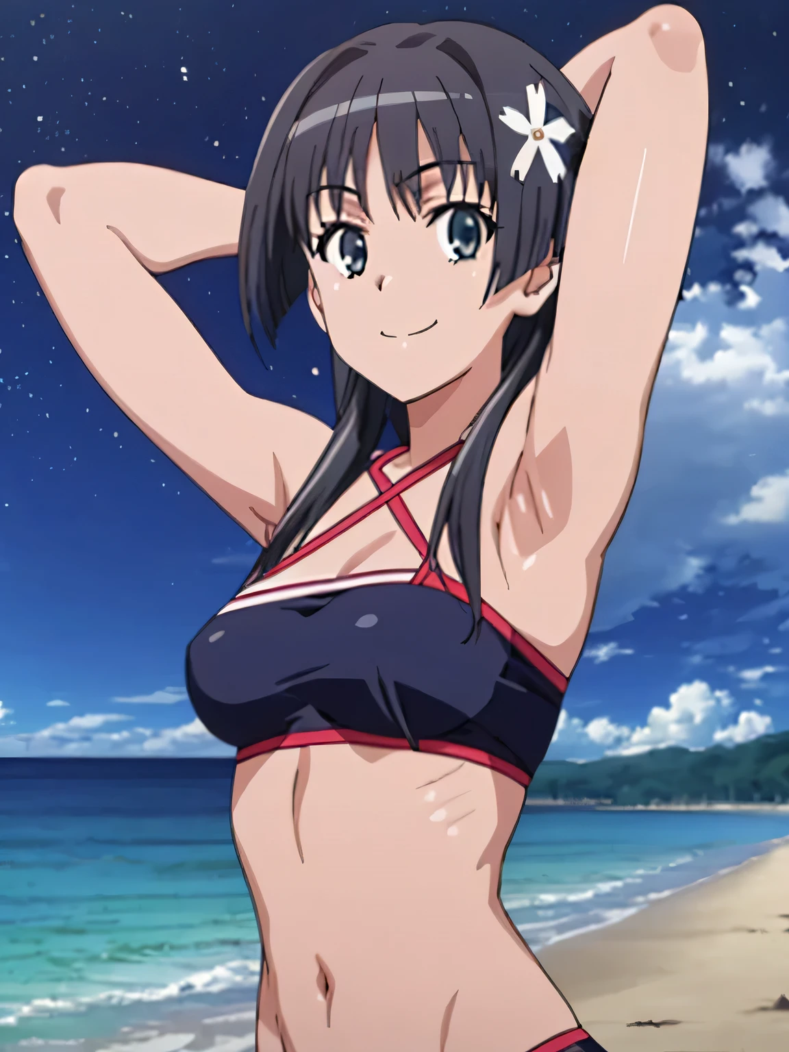 (((pixel-perfect, detail-perfect))), solo, 1girl, saten ruiko, sakugawa , solo, upper body, night sky, beach, arms behind head, contrapposto, smile, spread armpits, closed mouth, looking at viewer,