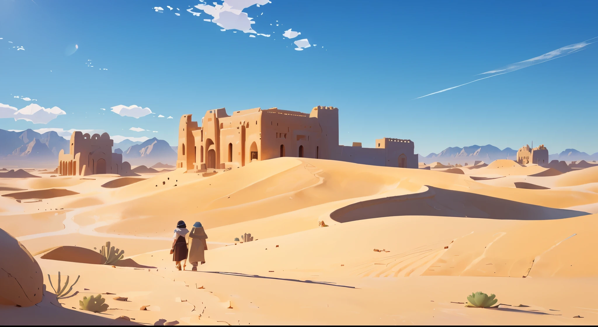 there are two people walking in the desert with a castle in the background, desert temple, somewhere in sands of the desert, ancient ruins under the desert, in a futuristic desert palace, wandering the desert landscape, atey ghailan and steve mccurry, ancient epic tower in the desert, in a serene vast desert, atey ghailan 8 k, sand desert fantasy