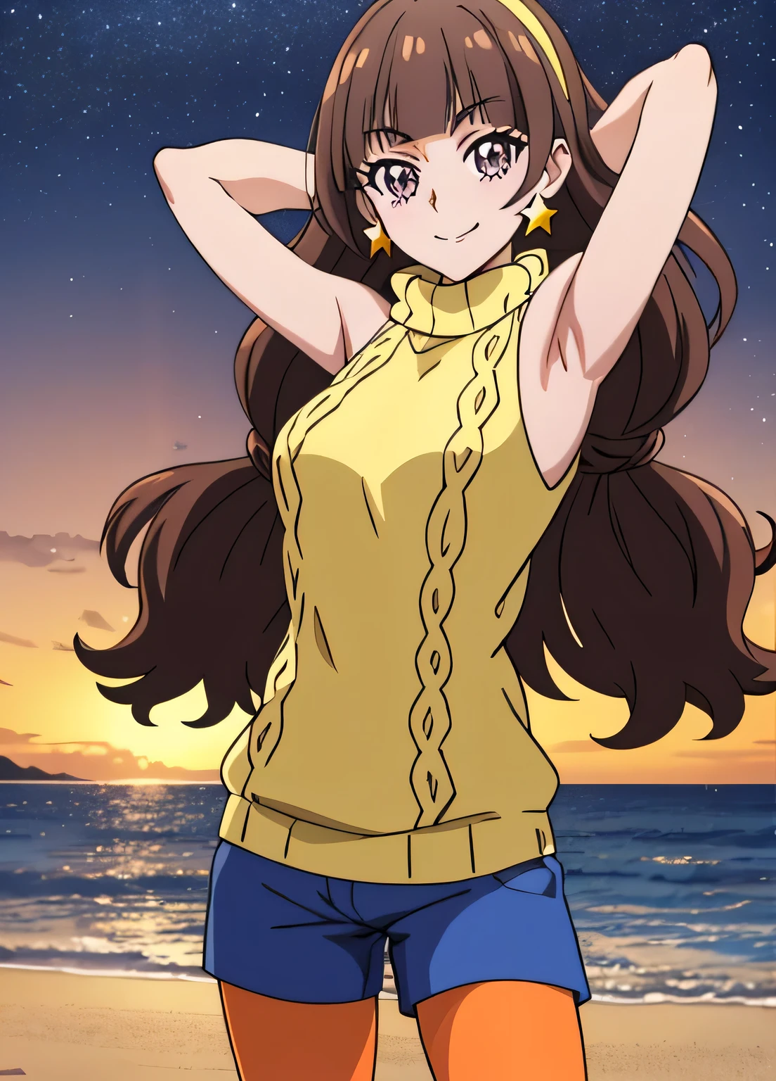 amanogawaki, 1girl, solo, yellow hairband, star earrings, turtleneck sweater, shoulder cutout, blue shorts, orange pantyhose, dynamic pose, contrapposto, spread armpit, arms behind head, solo, looking at viewer, (cowboy shot:1.5), closed mouth, night sky, beach, masterpiece, best quality, smile, anime coloring,