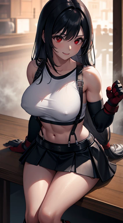 best quality, ultra-detailed, high resolution, extremely detailed CG, unity 8k wallpaper, super detailed skin, detailed, dynamic lighting, beautiful detailed eyes, defTifa, white crop top, elbow pad, fingerless gloves, suspenders, very short pleated miniskirt, red boots, bar counter, sitting, knees up, red eyes, serious, smile, fighting stance, sparring, large breasts, muscular belly, thights,