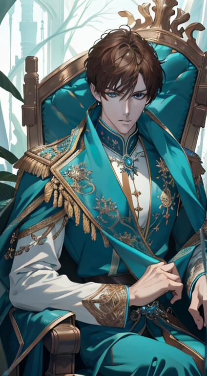 masterpiece, best quality, 1 male, adult, handsome, tall muscular guy, broad shoulders, finely detailed eyes and detailed face, extremely detailed CG unity 8k wallpaper, intricate details, short brown hair, turquoise eyes, fantasy, magnificent background, throne, magic effect, water and ice, depth of field, perfect face