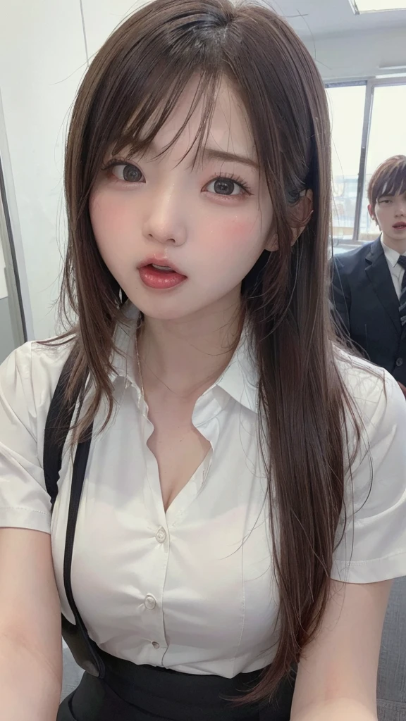 (8k, RAW Photo, Best Quality, Masterpiece: 1.3),((highest quality)), ((masterpiece)), ((Perfect Face))、21 years old,、Brown Hair、orgasm、blushed、Sweaty all over、Ahegao、office lady、Business jacket、Business Skirt、Mouth wide open、Sticking out tongue、Close ~ eyes、Face the camera、Camera angles from above、