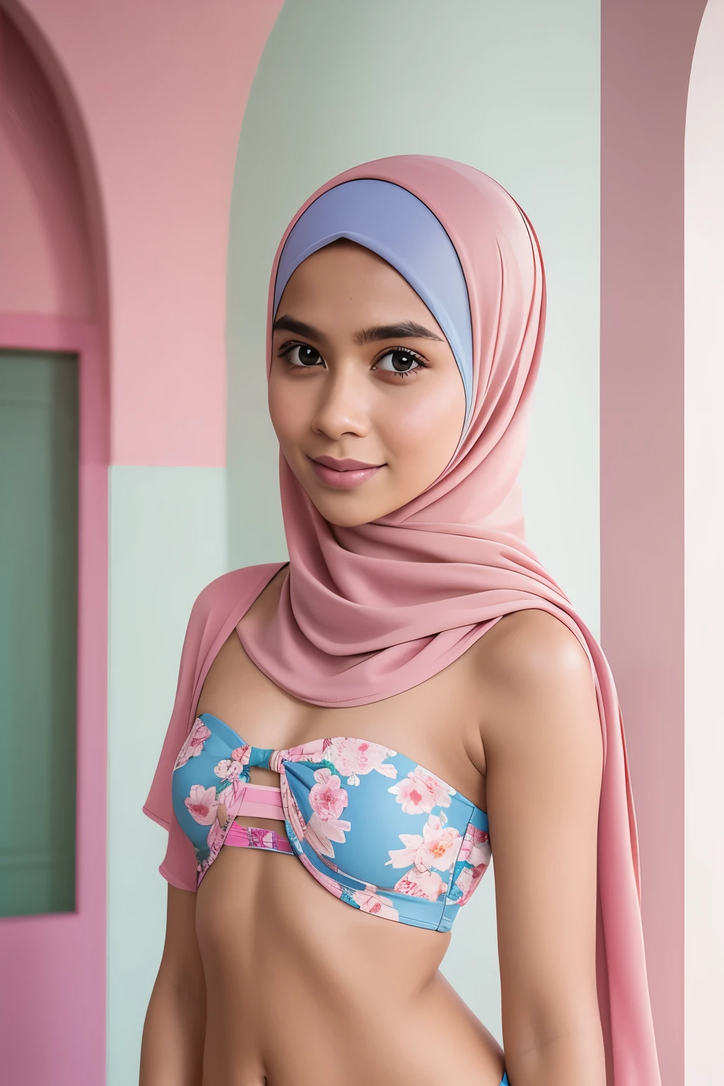 Vogue style photo shoot of malay age girl in bikini with pastel colored background in Wes Anderson style, hyper - realistic photography, Wes Anderson style, half body, 8k, (HIJAB)), strapless colorful satin, ((Flat Chest:1.3)), Floral pattern