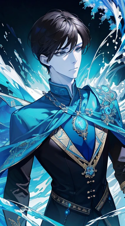masterpiece, best quality, 1 male, adult, handsome, tall muscular guy, broad shoulders, finely detailed eyes and detailed face, extremely detailed CG unity 8k wallpaper, intricate details, short brown hair, turquoise eyes, fantasy, magnificent background, throne, magic effect, water and ice, depth of field, perfect face