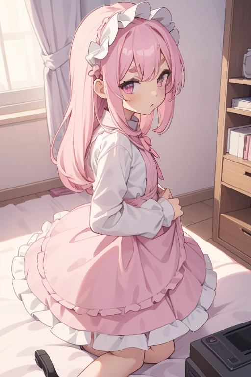 Girls with pink hair, long double-tailed hairstyle, ((small pink bushy eyebrows)), dressed in lolita clothes, marked vagina, lolicon (Zankuro) drawing style by zankuro artist, Zancro style, image uploaded to R34, changing of clothes in a room, semi naked with underwear in her hands looking away, not looking at the camera (hidden camera recording her, security camera filter recording her)