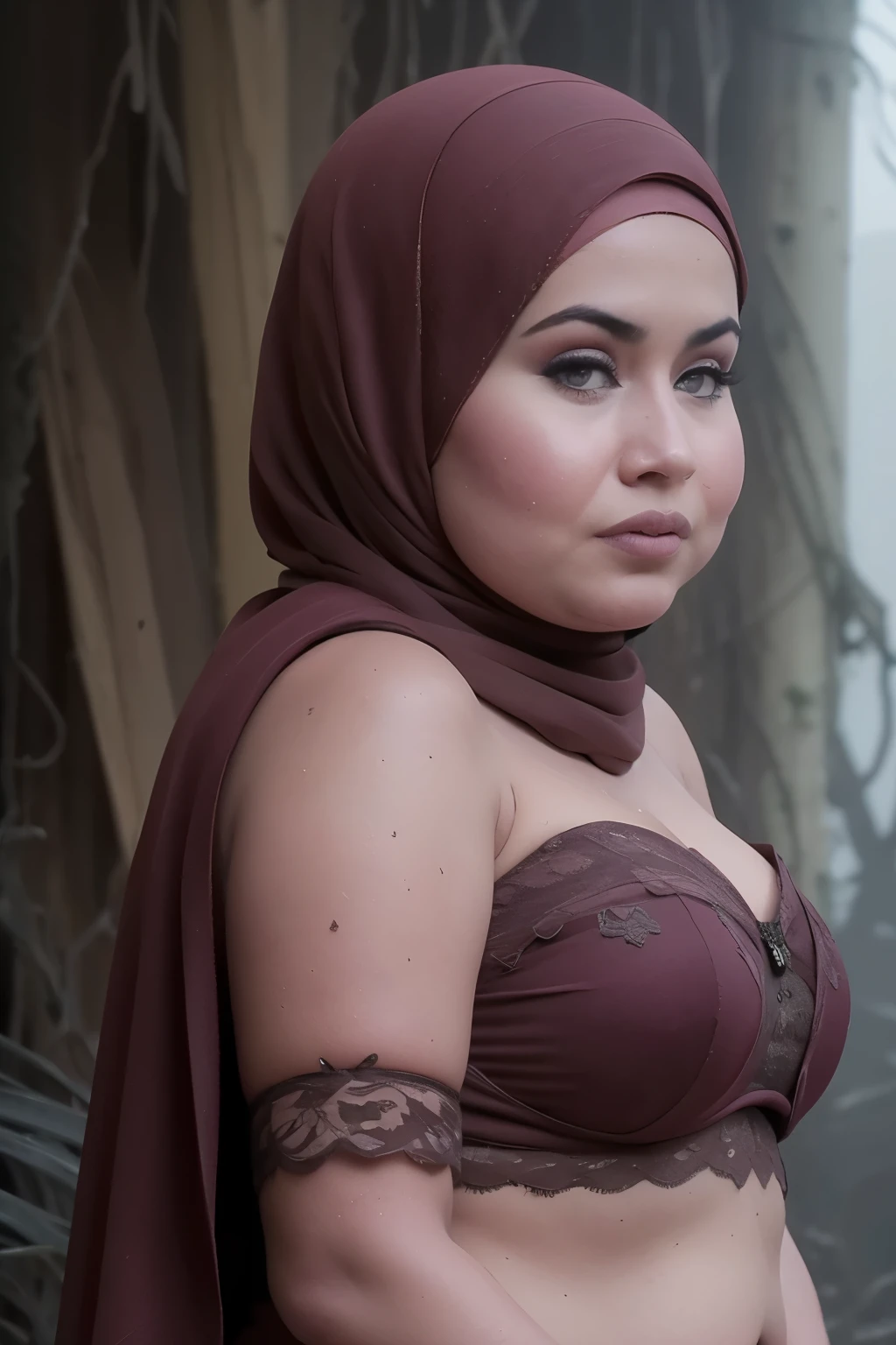 ((Chubby:1.4)), ((HIJAB)), WEARING STRAPLESS PATTERN FLORAL BRA, (Best Quality, hight resolution, Realistic:1.37), The Frightened Woman, pixie cut, sickly, Swamp environment, standingn,  Distressed flared satin, cloudy water, Sinking Feeling, gloomy atmosphere, Foggy surroundings, dark shadows, A Surreal Touch, soft-lighting, creepy ambiance, can't cope with shame, half body, Being in the middle of a very creepy and dark city