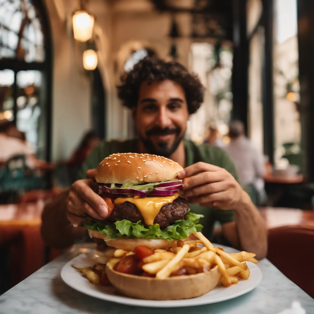 Man eating a very delicious burger in a beautiful restaurant, mostrando o rosto e o corpo, sentado numa mesa