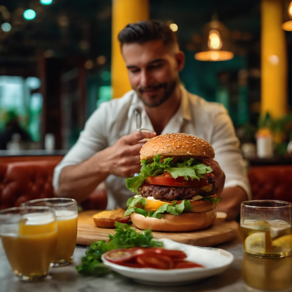 Man eating a very delicious burger in a beautiful restaurant, mostrando o rosto e o corpo, sentado numa mesa 