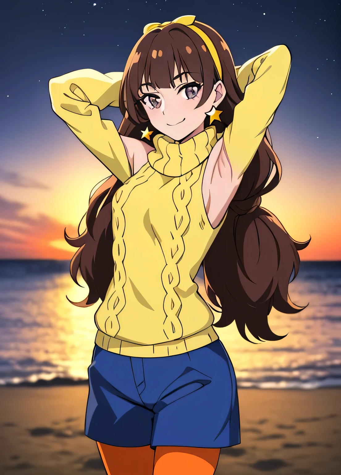amanogawaki, 1girl, solo, yellow hairband, star earrings, turtleneck sweater, shoulder cutout, blue shorts, orange pantyhose, dynamic pose, contrapposto, spread armpit, arms behind head, solo, looking at viewer, (cowboy shot:1.5), closed mouth, night sky, beach, masterpiece, best quality, smile,  