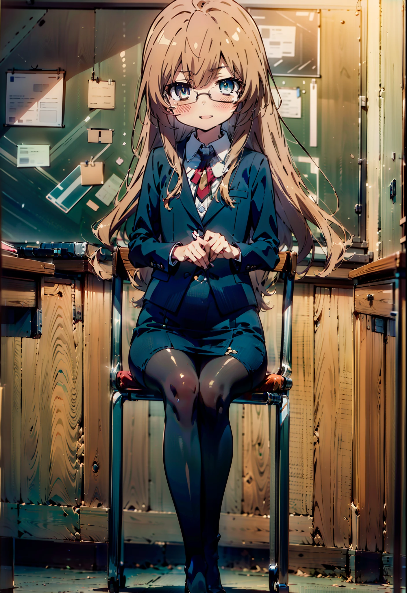  Aisaka Taiga,taiga aisaka,Long Hair, Brown Hair, Brown Eyes,(Flat Chest:1.2),happy smile, smile, Open your mouth,smile,blush,
OL, Akagi Glasses, Black suit jacket, Collared jacket, White dress shirt, Collared shirt, Neckline, button, Black pencil skirt, Black Pantyhose,Stiletto heels,sit cross-legged on a chair,interior,There is a computer on the table,touch typing,It&#39;s as if your whole body is in the illustration., 
break looking at viewer,
break indoors, classroom, 
break (masterpiece:1.2), highest quality, High resolution, unity 8k wallpaper, (figure:0.8), (Detailed and beautiful eyes:1.6), Highly detailed face, Perfect lighting, Extremely detailed CG, (Perfect hands, Perfect Anatomy),