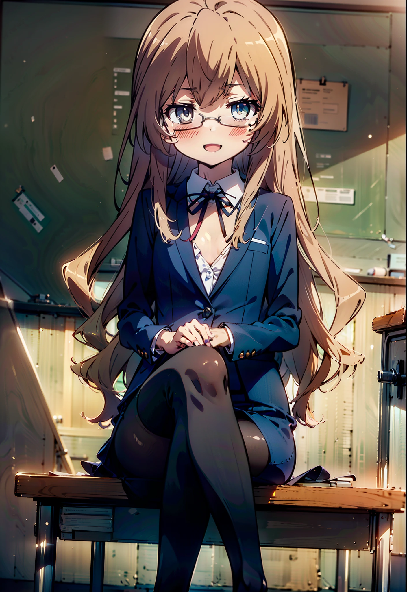  Aisaka Taiga,taiga aisaka,Long Hair, Brown Hair, Brown Eyes,(Flat Chest:1.2),happy smile, smile, Open your mouth,smile,blush,
OL, Akagi Glasses, Black suit jacket, Collared jacket, White dress shirt, Collared shirt, Neckline, button, Black pencil skirt, Black Pantyhose,Stiletto heels,sit cross-legged on a chair,interior,There is a computer on the table,touch typing,It&#39;s as if your whole body is in the illustration., 
break looking at viewer,
break indoors, classroom, 
break (masterpiece:1.2), highest quality, High resolution, unity 8k wallpaper, (figure:0.8), (Detailed and beautiful eyes:1.6), Highly detailed face, Perfect lighting, Extremely detailed CG, (Perfect hands, Perfect Anatomy),