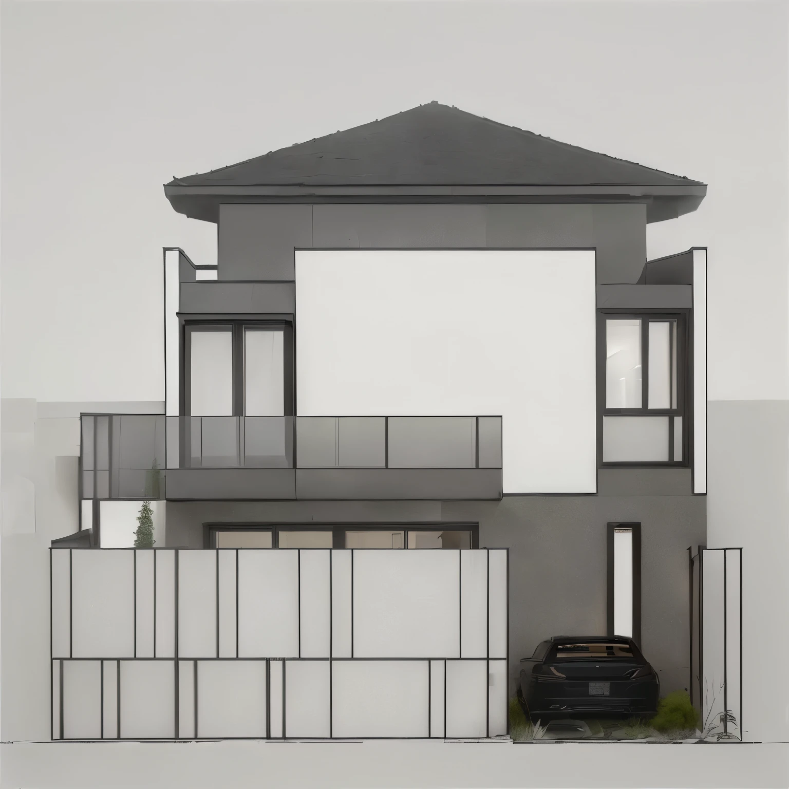 a drawing of a house with a car parked in front of it, frontview, front-view, front perspective, front view, front elevation view, concept house, 3/4 front view, one house, frontal view, perspective view, in style of simplified realism, front side view, elevation view, exterior design, 2d side view, complete house, front side, Townhouse in city, (sharp focus) front view of townhouse in style of modern, Vietnamese architecture, east asian architecture, town, blue sky, daylight, warm light, warm atmosphere, high Resolution, 8k, hdr, vray render, hyper realistic, ultra detail, hyper detailed, exterior design professional photography, exterior photography, wide-angle shot, real world location, road sign, cityscape, pavement, (brown wooden ceilings, ceiling light, glass bancony, the front wall of the ground floor is made by black granite), (bancony have many trees, plans, ivy, palm)