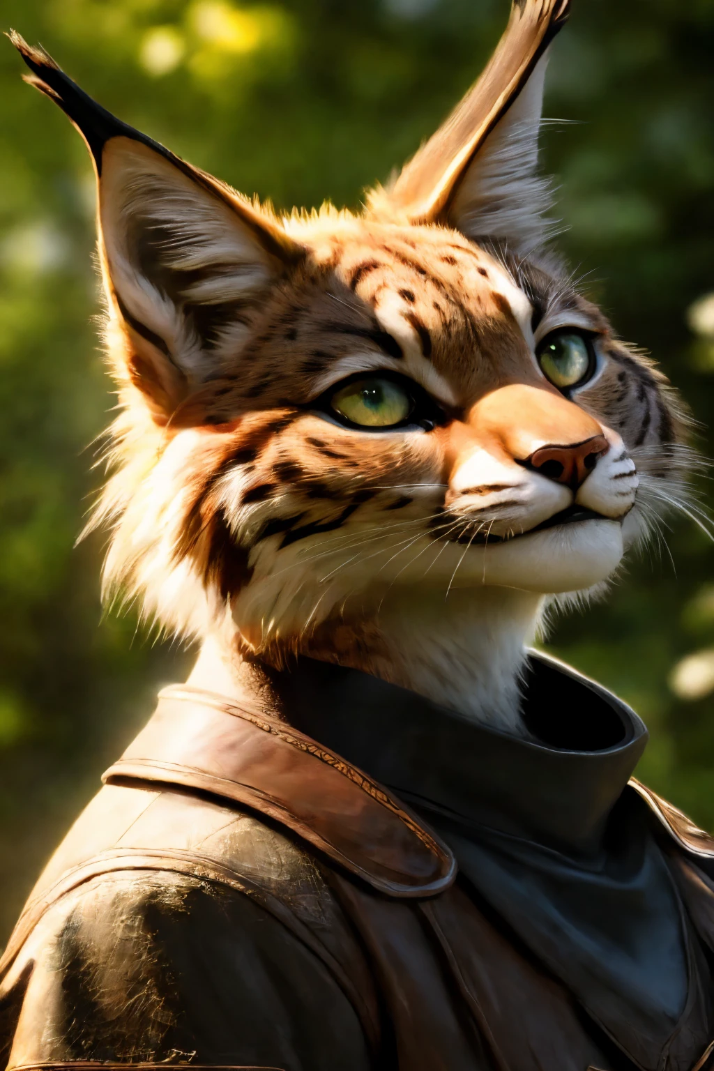 (best quality,4k,8k,highres,masterpiece:1.2),ultra-detailed,(realistic,photorealistic,photo-realistic:1.37),female lynx wearing a black jacket,short tail,wild cat,sharp focus,piercing eyes,furry texture,detail description,striking pose,forest background,vivid colors,lush greenery,soft sunlight,subtle shadows,sumer-like lighting,animal lover,artistic rendering.