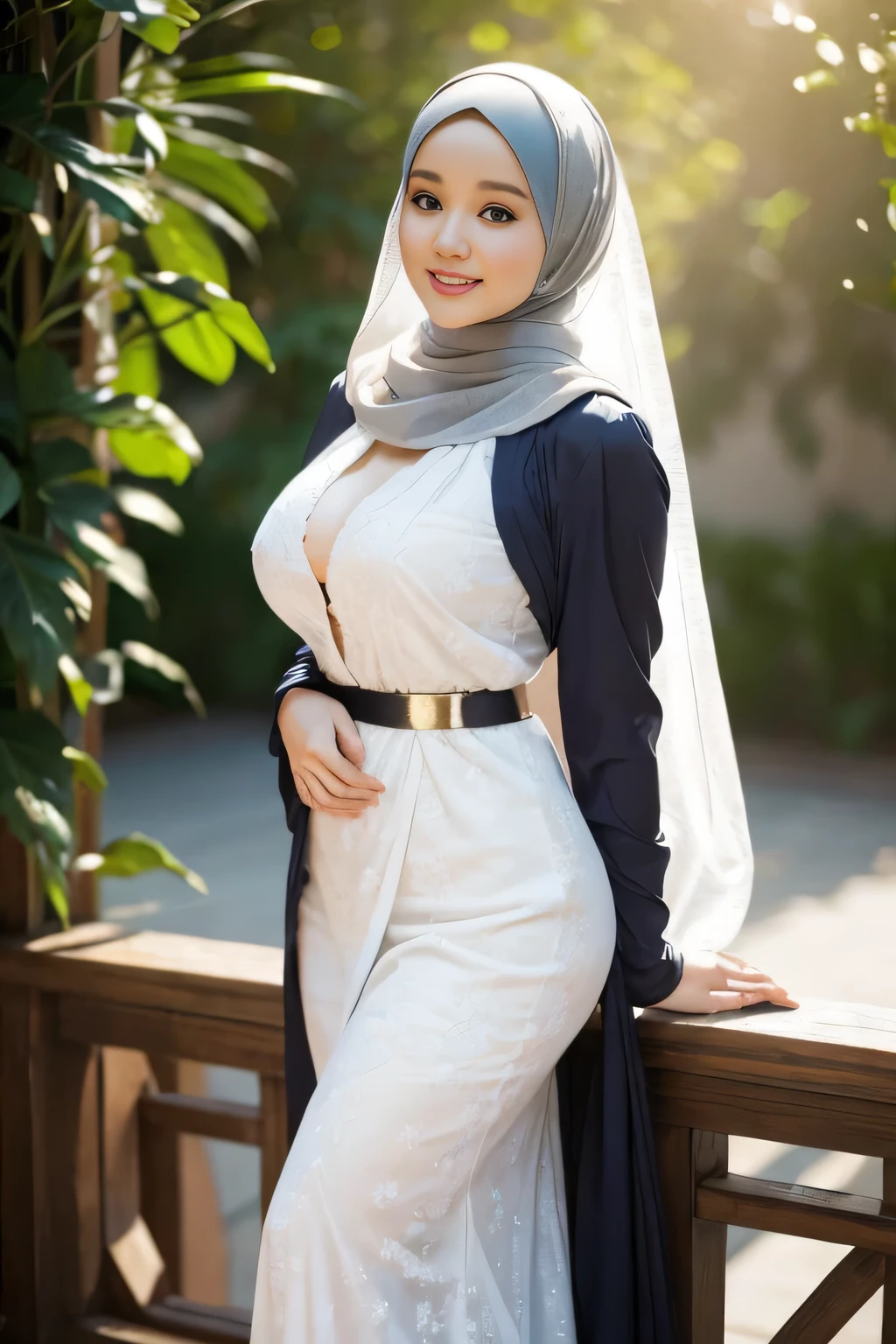 Beautiful, cute , 20 Years old Jennifer Lawrence, (wearing hijab), full hijab, sexy long sleeves kebaya dress, slightly Chubby , White Skin, Smiling, porn studio Background, day light,mid shot, full body, Perfect Potrait, Bokeh Effect, Look at Viewer, big breast, ((adorable:1.2)), ((masterpiece:1.1)), ((bokeh:1.2)), buttocks,(naughty seductive poses)