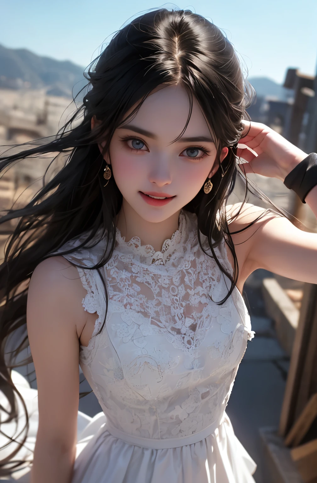 very cute and beautiful girl,White frilly sundress with fine lace,(Very beautiful face and eyes:1.2),smile
ひまわり畑の真ん中に立つ,Beautiful summer sky,
Mid Shot,(smile),Black Hair,Dynamic pose,Leg Details,
(highest quality,masterpiece:1.2),Absurd,High resolution,Very detailedな,Very detailed,32k,8k resolution,
Intricate details,Movie Scenes,Detailed Background,alone,Dynamic Angle,
alone,Hair blowing in the wind,