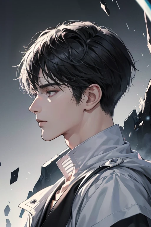 (best quality detailed image beautiful image 8K photorealistic dramatic lighting 1:1) (digital art digital illustration) (camera focused on face in profile) (cold colors dim lighting) Art Manhwa 25 year old man very handsome black hair white and black clothes eyes black people (dreamy expressionless look, perfect face, perfect lines) walking in a chaotic dystopia setting