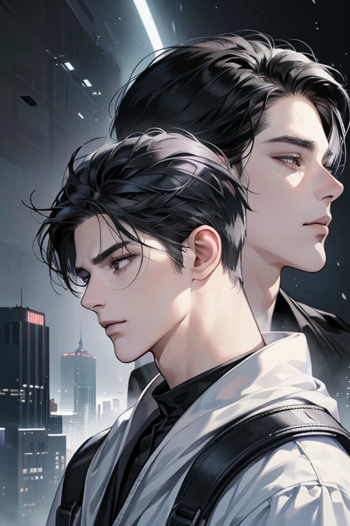 (best quality detailed image beautiful image 8K photorealistic dramatic lighting 1:1) (digital art digital illustration) (camera focused on face in profile) (cold colors dim lighting) Art Manhwa 25 year old man very handsome black hair white and black clothes eyes black people (dreamy expressionless look, perfect face, perfect lines) walking in a chaotic dystopia setting