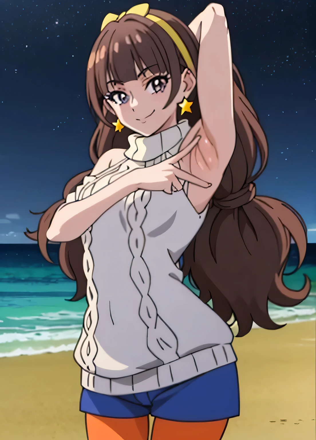 amanogawaki, 1girl, solo, yellow hairband, star earrings, turtleneck sweater, shoulder cutout, blue shorts, orange pantyhose, dynamic pose, contrapposto, spread armpit, arms behind head, solo, looking at viewer, upper body, closed mouth, night sky, beach, masterpiece, best quality, smile, anime coloring,   