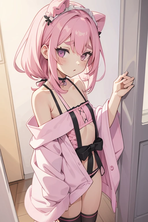 Girls with pink hair, long double-tailed hairstyle, ((small pink bushy eyebrows)), dressed in ta bikini, ), loli(Zankuro) drawing style by zankuro artist, Zancro style, image uploaded to R34, changing of clothes in a room, looking away, sexy flirtatious look,not looking at the camera (hidden camera recording it, security camera filter recording it)