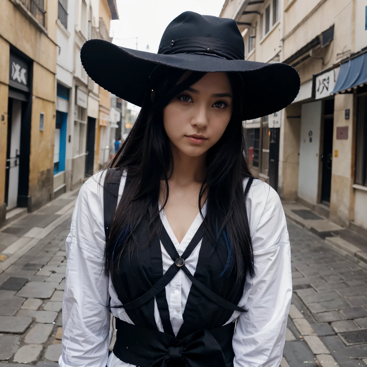 una chica de anime con falda corta de cuadros
azules con negro ojos azules pelo negro con puntas azules un sombrero samurai una camisa blanca ajustada pechos medianos muslos perfectos falda corta de cuadros azules