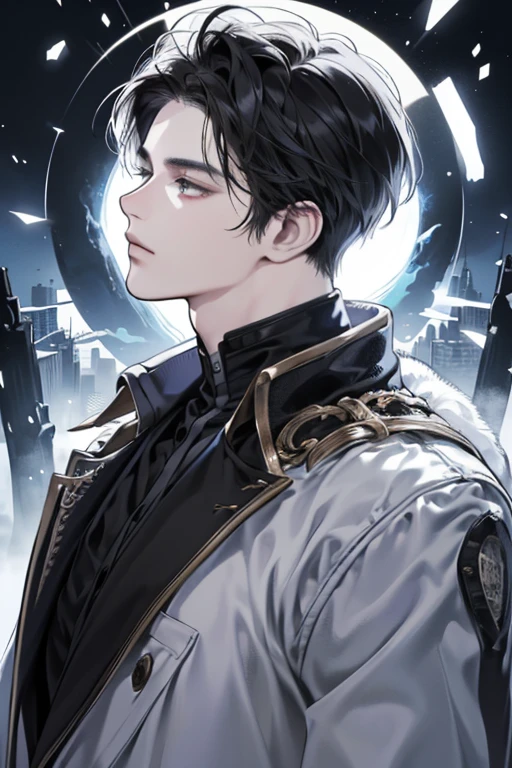 (best quality detailed image beautiful image 8K photorealistic dramatic lighting 1:1) (digital art digital illustration) (camera focused on face in profile) (cold colors dim lighting) Art Manhwa 25 year old man very handsome black hair white and black clothes eyes black people (dreamy expressionless look, perfect face, perfect lines) walking in a chaotic dystopia setting