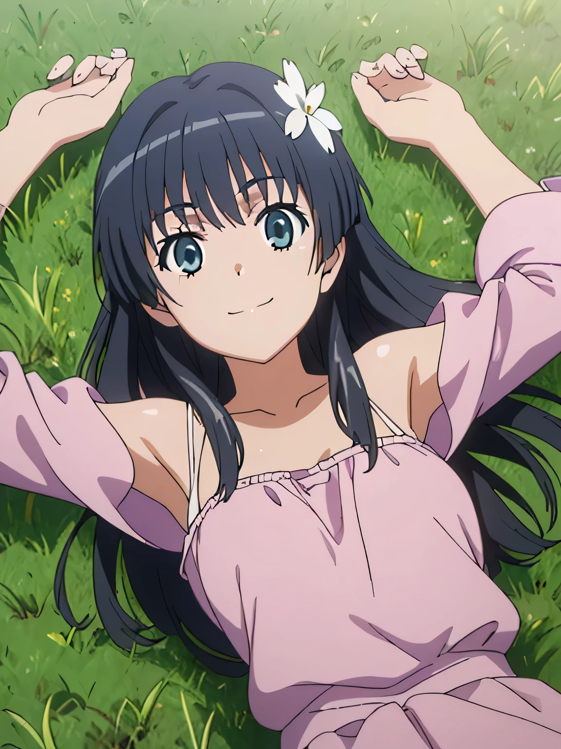 (((pixel-perfect, detail-perfect))), solo, 1girl, saten ruiko, sakugawa , solo, (cowboy shot:1.5), lying on back, arms up, spread arms, on grass, smile, (cowboy shot:1.5) closed mouth, looking at viewer,