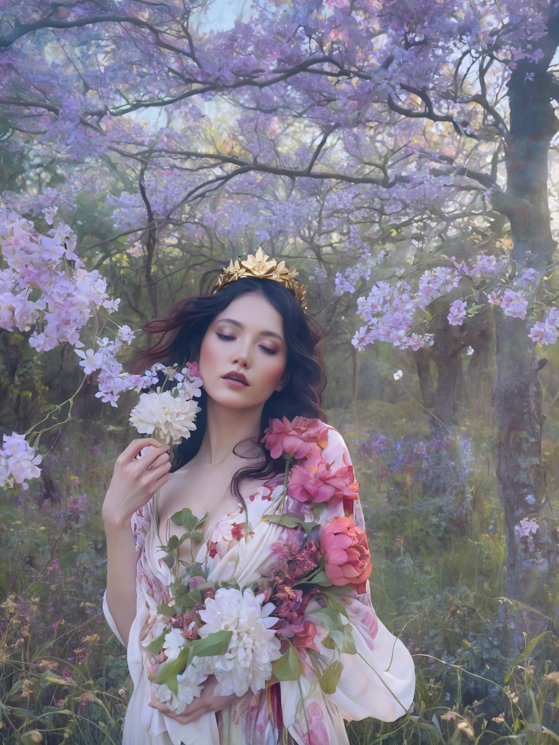 a painting of a woman with a flower crown on her head, flower goddess, woman in flowers, she has a crown of flowers, a goddess in a field of flowers, covered with flowers, mucha klimt and tom bagshaw, girl in flowers, persephone in spring, flower queen, goddess of spring, jinyoung shin art, female portrait with flowers, RAW photo of (adult:1.3),a  female burst of tangy crimson cascades,entwining magic and technology with viscous allure disappears into the shadows,in a neo-expressionist masterpiece of gold embrace,topless,small breasts,hair between eyes,(skinny, thin body:0.4),(chiaroscuro:1.3),(octane render masterpiece,masterpiece scale,beautiful depth of field,ultra wide field,ultra detailed CG perspective,ultra dynamic lighting amazing shadows,dramatic lighting), Convey the sense of inner strength and confidence. Introduce a gentle, atmospheric haze in the environment, creating a soft diffusion of light and giving the impression of gold aura and presence.