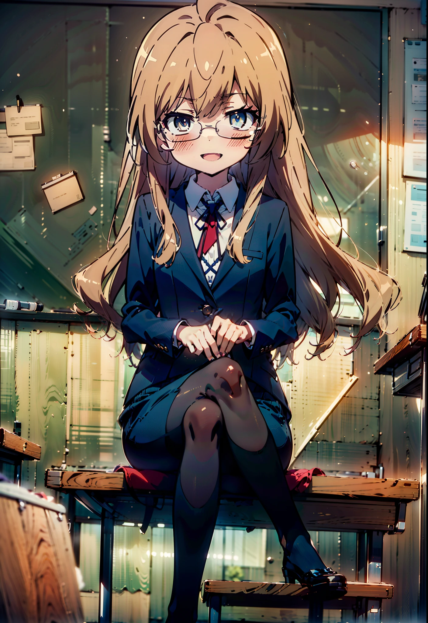  Aisaka Taiga,taiga aisaka,Long Hair, Brown Hair, Brown Eyes,(Flat Chest:1.2),happy smile, smile, Open your mouth,smile,blush,
OL, Akagi Glasses, Black suit jacket, Collared jacket, White dress shirt, Collared shirt, Neckline, button, Black pencil skirt, Black Pantyhose,Stiletto heels,sit cross-legged on a chair,interior,There is a computer on the table,touch typing,It&#39;s as if your whole body is in the illustration., 
break looking at viewer,
break indoors, classroom, 
break (masterpiece:1.2), highest quality, High resolution, unity 8k wallpaper, (figure:0.8), (Detailed and beautiful eyes:1.6), Highly detailed face, Perfect lighting, Extremely detailed CG, (Perfect hands, Perfect Anatomy),