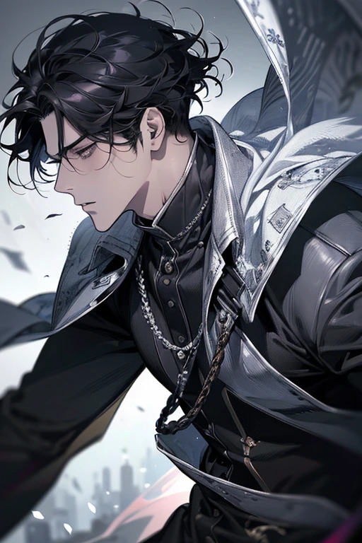 (best quality detailed image beautiful image 8K photorealistic dramatic lighting 1:1) (digital art digital illustration) (camera focused on face in profile) (cold colors dim lighting) Art Manhwa 25 year old man very handsome black hair white and black clothes eyes black people (dreamy expressionless look, perfect face, perfect lines) walking in a chaotic dystopia setting