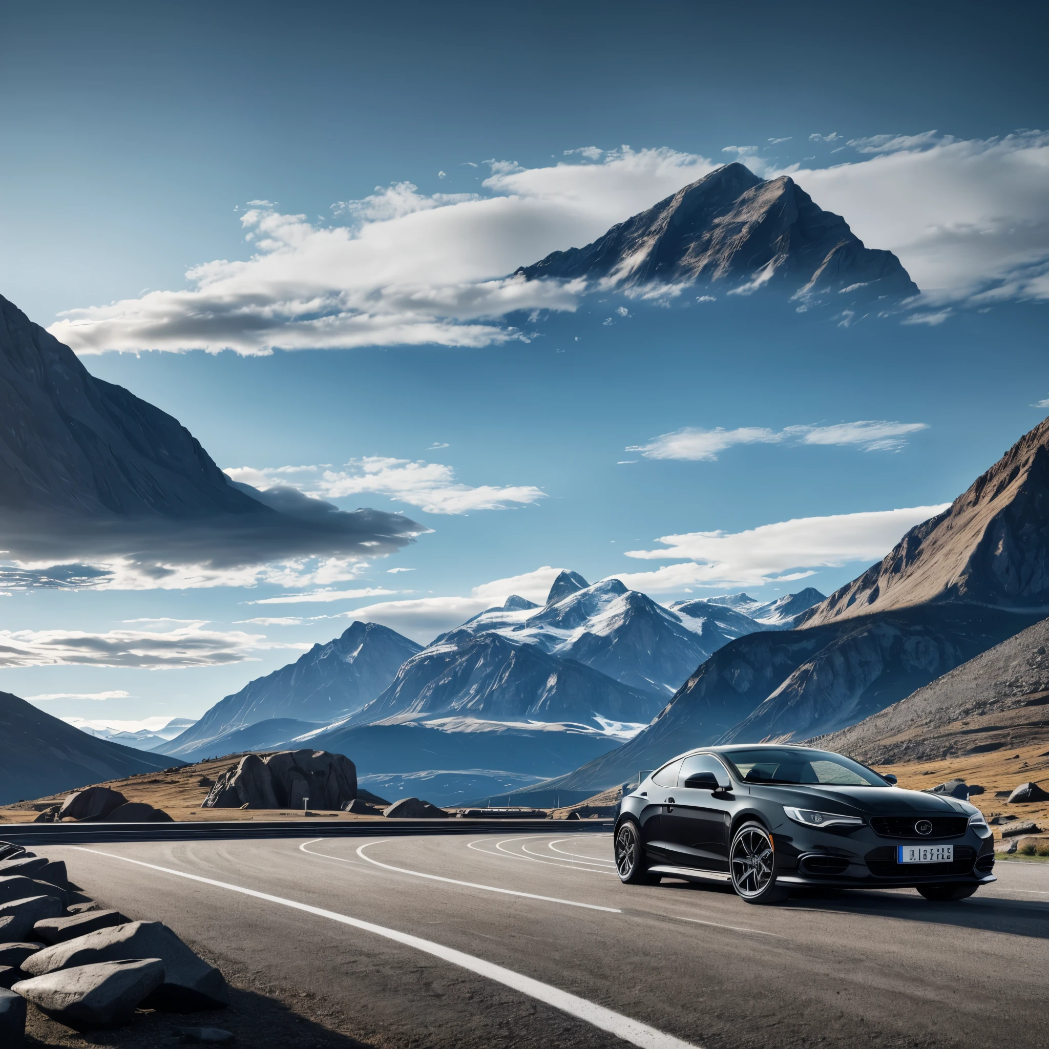 A well-detailed black car, on a concrete track, in a background environment with rocks and mountains covered in ice, blue sky with detailed clouds, car in motion, (just one car) HDR, ultra resolution, well defined, masterpiece, 8K HD