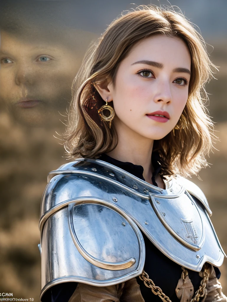 1 girl, Middle Earth Paladin ,Wearing armor ,Magic sword and powerful shield, Detail armor, Rusty armor, chain armor, Queen's Crown, Fight goblins to protect innocent villagers, witch, short, thin, square face, olive skin, platinum blonde, golden eyes, short Nose, thin Lips, round chin, Shoulder length hair, curls, blunt bangs, soft breasts, hug earrings, lavender satin lipstick, volcanic wasteland, River of fire flows into molten sea, (close up:1), (look at the audience),8k, (best quality:1.2), (masterpiece:1.37), (photo, photorealistic:1.37), (ultra high resolution), photographed by Canan EOS R6, 135mm, 1/1/2.8, ISO 400