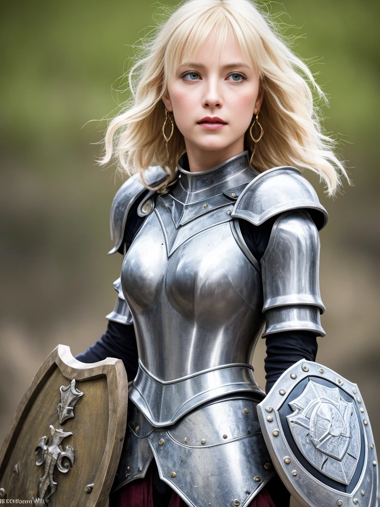 1 girl, Middle Earth Paladin ,Wearing armor ,Magic sword and powerful shield, Detail armor, Rusty armor, chain armor, Queen's Crown, Fight goblins to protect innocent villagers, witch, short, thin, square face, olive skin, platinum blonde, golden eyes, short Nose, thin Lips, round chin, Shoulder length hair, curls, blunt bangs, soft breasts, hug earrings, lavender satin lipstick, volcanic wasteland, River of fire flows into molten sea, (close up:1), (look at the audience),8k, (best quality:1.2), (masterpiece:1.37), (photo, photorealistic:1.37), (ultra high resolution), photographed by Canan EOS R6, 135mm, 1/1/2.8, ISO 400