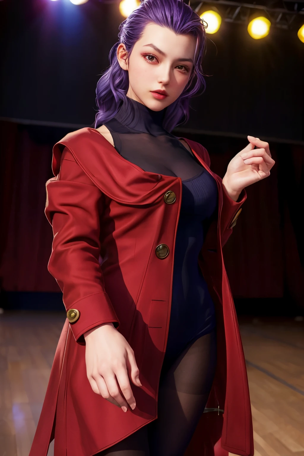 High resolution,Absurd,masterpiece,highest quality,original,Highly detailed CG,Highly detailed wallpaper,Perfect lighting,View your viewers,bare hands,One girl,Blurred Background,Take to the stage,
SF5 Rose,I slicked my hair back.,Single Hair Intake,Red coat,Purple turtleneck,Purple Pantyhose,shawl,scarf,Heel,