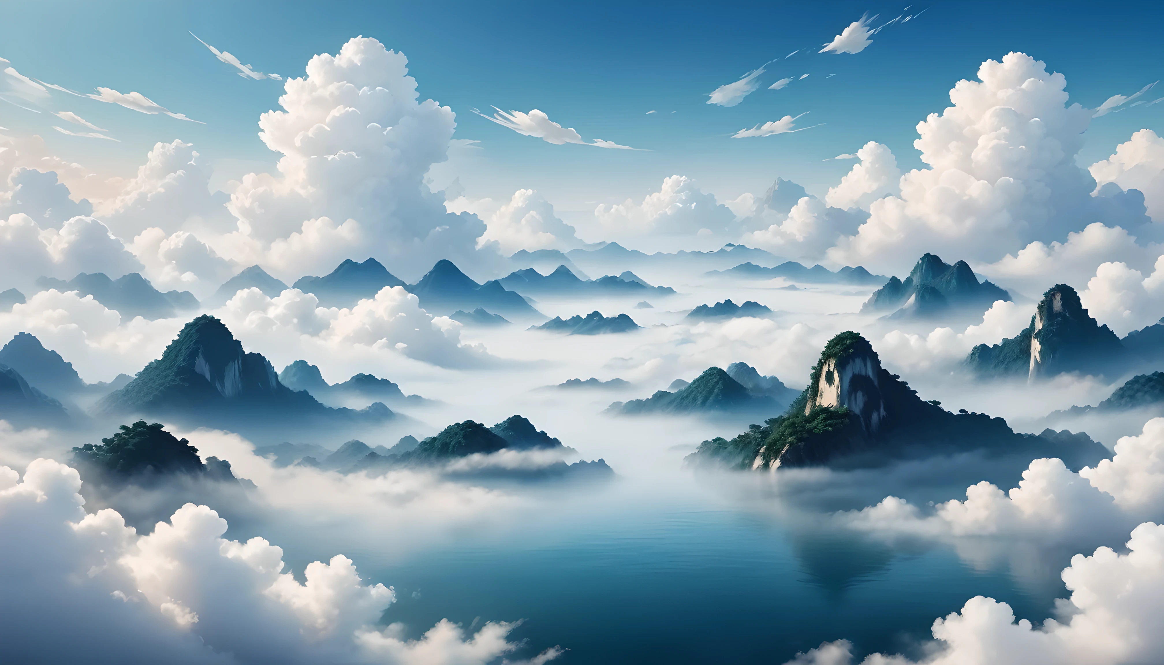 Chinese Background，simple style，Big scene，A calm sea of clouds scene，Contains opera elements，A small amount of auspicious cloud pattern，high quality，optimal，White tones are predominant，Flat viewing angle，Ultra-clear，Beautifully