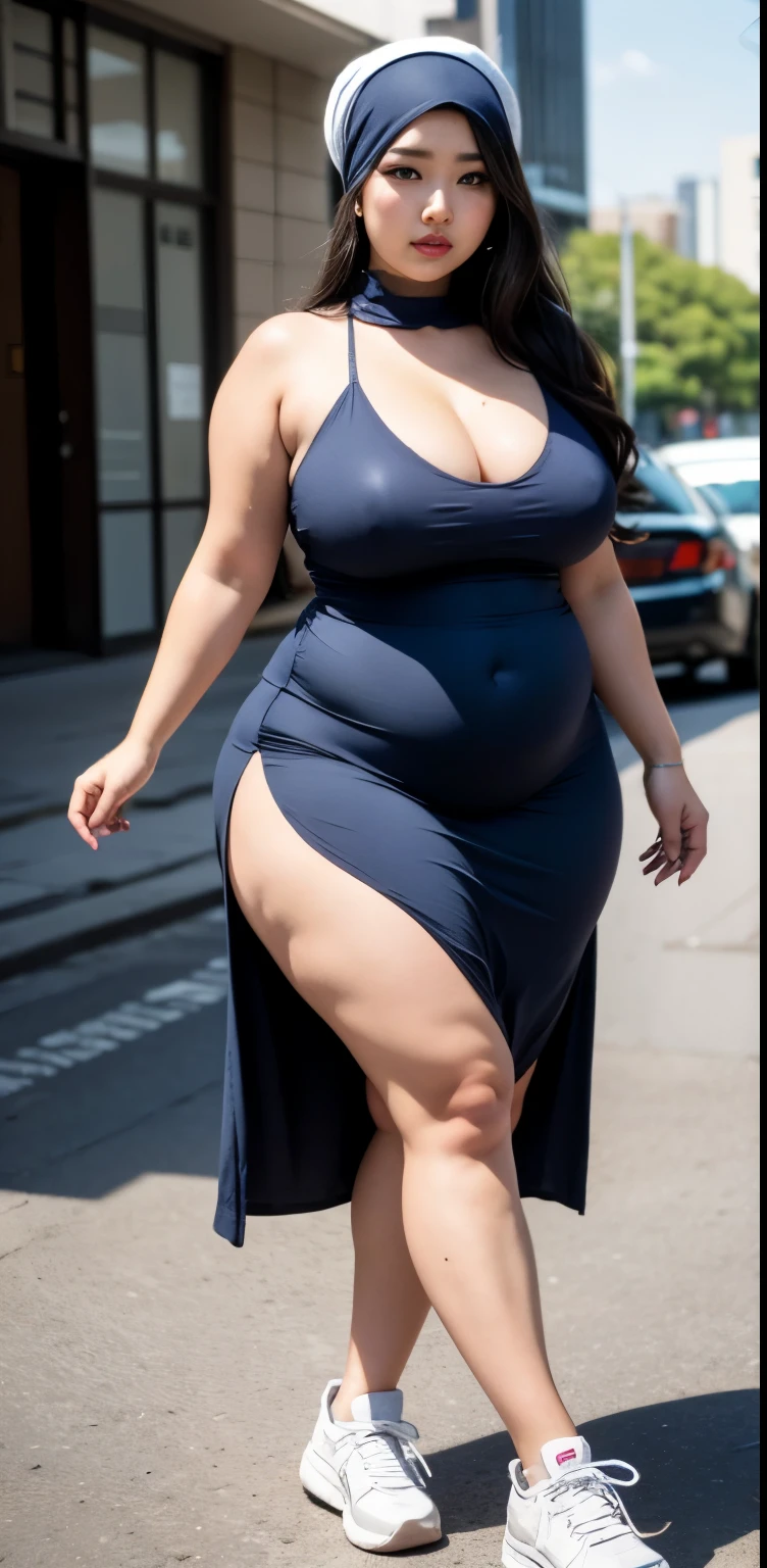 ((best quality)), ((masterpiece)), (detailed), perfect face, araffe woman in a dark-blue dress walking down a street, thicc, she has a jiggly fat round belly, bbwchan, wearing dress, skinny waist and thick hips, widest hips, her belly is fat and round, soft curvy shape, hyperrealistic full figure, wearing a cute dress , wide hips, cropped shoulders，Bare belly,(big assa:0.7),show legs,, thicc, beautiful thick female, beautiful curvy female,, Tall and tall，clear curvy details, curvy hourglass figure, alluring plus sized model, bbwchan, Voluptious body, Curvy model, Curvy body, Be red in the face, 1girll, a matural female, A MILF, the golden ratio,(Kpop idol),(Oil skin:0.72),(Oil skin:1.1), iremuzi tattoos on thighs, big tattoo on thighs, japanese goddess , korean Goddess , milky white skin, wearing hijab clothes, wearing sneakers , perfect face 