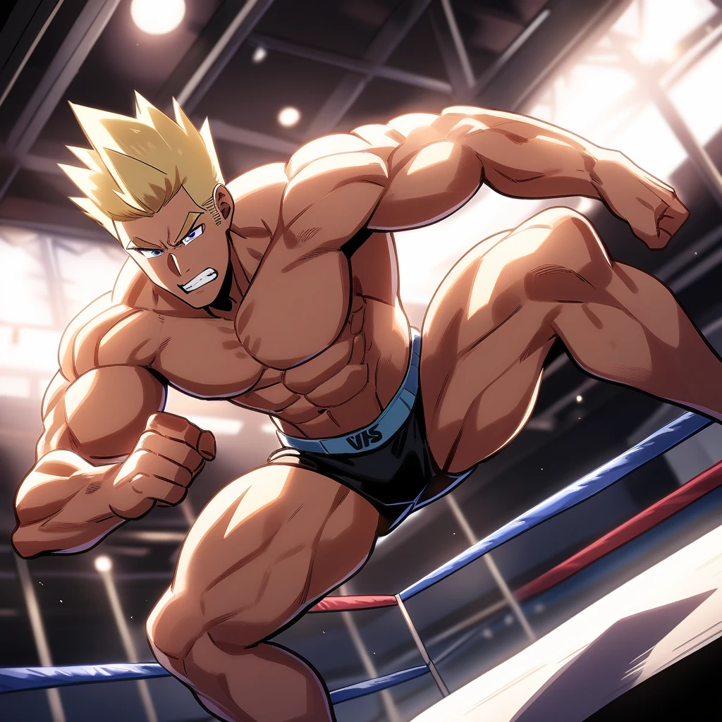 visual novel, 1guy, heavy muscular, blond, solo, black wrestling brief, topless, 25years old male, hollywood action, fighting posing, buitlfat, tsurime, sanpaku, blue eyes, hundsome guy, short spiked hair, nipppes, abs, dutch angle, on wrestling ring, high ratio body proportions, dramatic expression, upper legs, 1990s, [[[[[cinematic shadows, cinematic lighting, lens flare, light leaks]]]]], VHS Quality