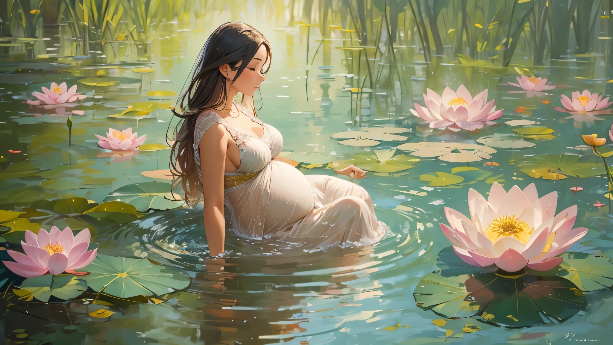 pregnant woman,bathing in the lake,lotus flowers,impressionism,oil painting,pastel colors,soft lighting,peaceful atmosphere,blooming nature,serene reflection,tranquility,dreamy brushstrokes,harmonious composition,gentle water ripples,ethereal beauty,warm sunlight glow,serenity,serene expression,vivid and lifelike details,subtle shades of pink and green,sun-kissed skin,beautifully flowing gown,blissful state,gentle breeze,sublime moment,nurturing environment,sublime maternal bond,relaxation and rejuvenation,naturalistic portrayal,motherhood celebration,harmony between mother and nature