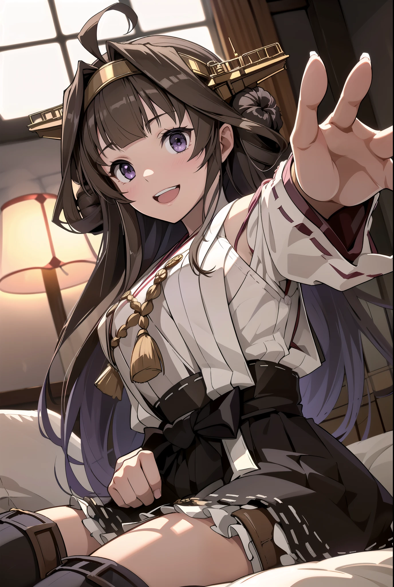 Ship Kongo, kongou, Ahoge, Brown Hair, Double good, Hair Bun, hair band, headgear, Long Hair, (Purple eyes:1.1), 
Breaking boots, Removable sleeves, kimono, Non-traditional Shrine Maiden, Ribbon trim, Sleeves edged with ribbon, Thigh-high boots, Wide sleeves,
壊す looking at viewer, smile, Blushing Living Room, Destroy the office room (masterpiece:1.2), highest quality, High resolution, unity 8k wallpaper, (shape:0.8), (Beautiful details:1.6), Highly detailed face, Perfect lighting, Extremely detailed CG, (Perfect hands, Perfect Anatomy),